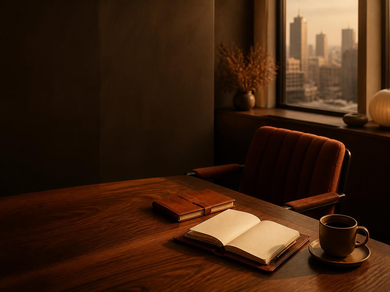 A warm meeting-room corner with a chair at a walnut table, an open notebook and a cup of coffee, with a blurred city skyline through the window