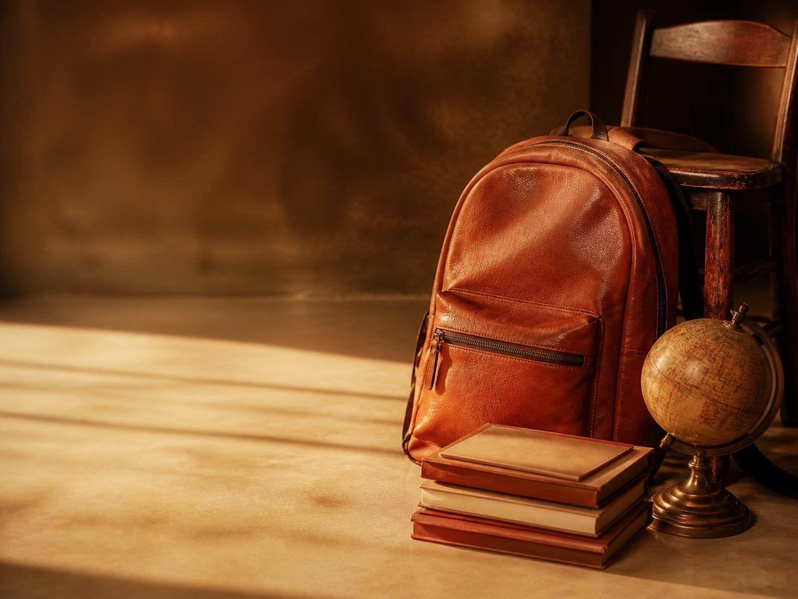 A tan leather school backpack leaning against a wooden chair beside a stack of exercise books and a small vintage globe in warm afternoon light