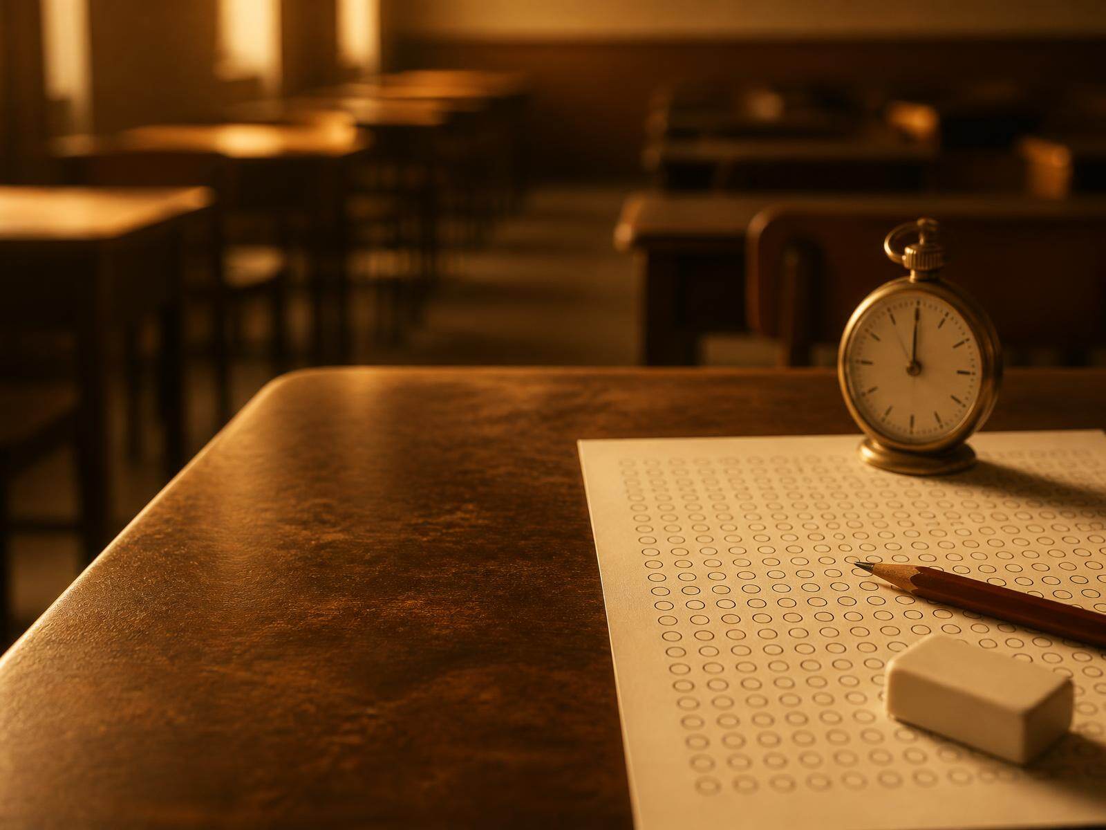 An exam-hall desk with a blank multiple-choice answer sheet, a sharpened pencil, an eraser and a brass pocket watch, with rows of empty desks blurred behind
